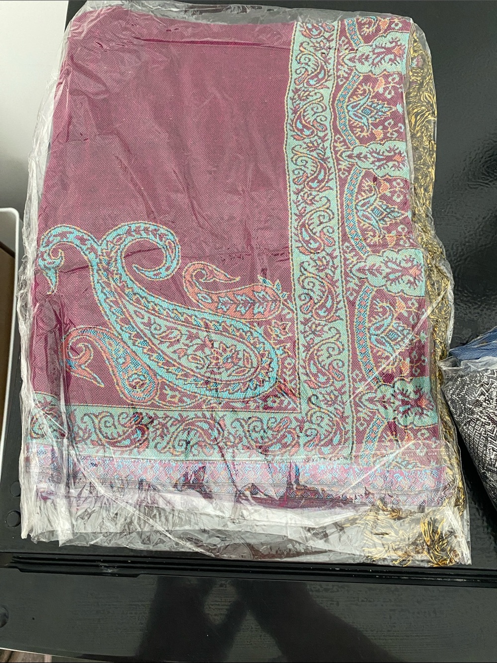 Maroon Paisley Printed Scarf With Aqua Accents
